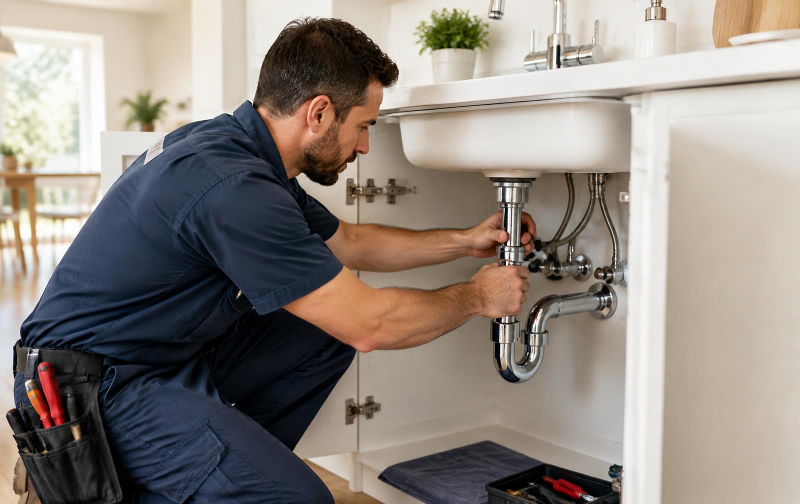 Quick Hands plumber repairing pipes under a kitchen sink